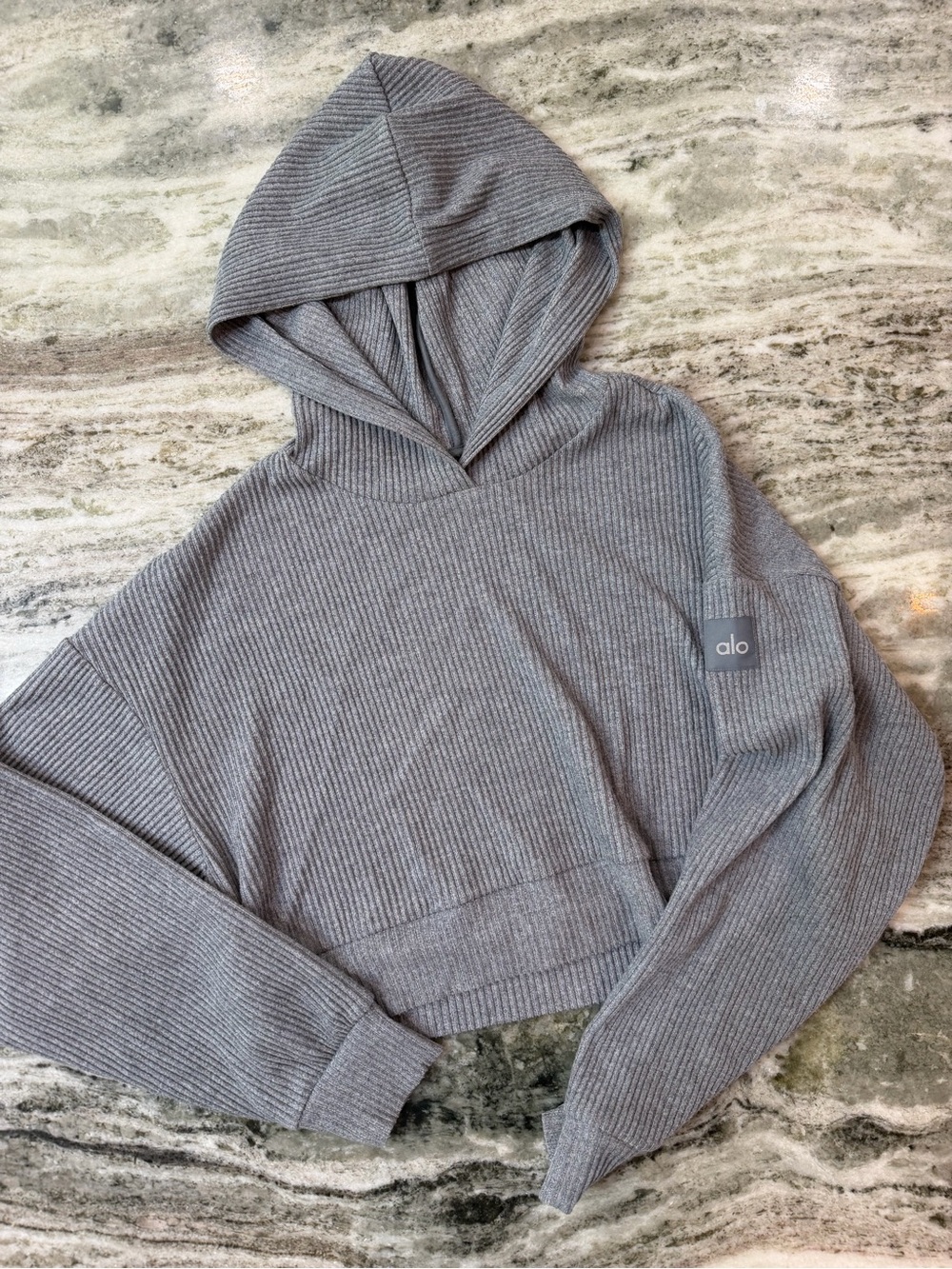 ALO Yoga Gray Ribbed Hooded Sweater “Muse Hoodie”